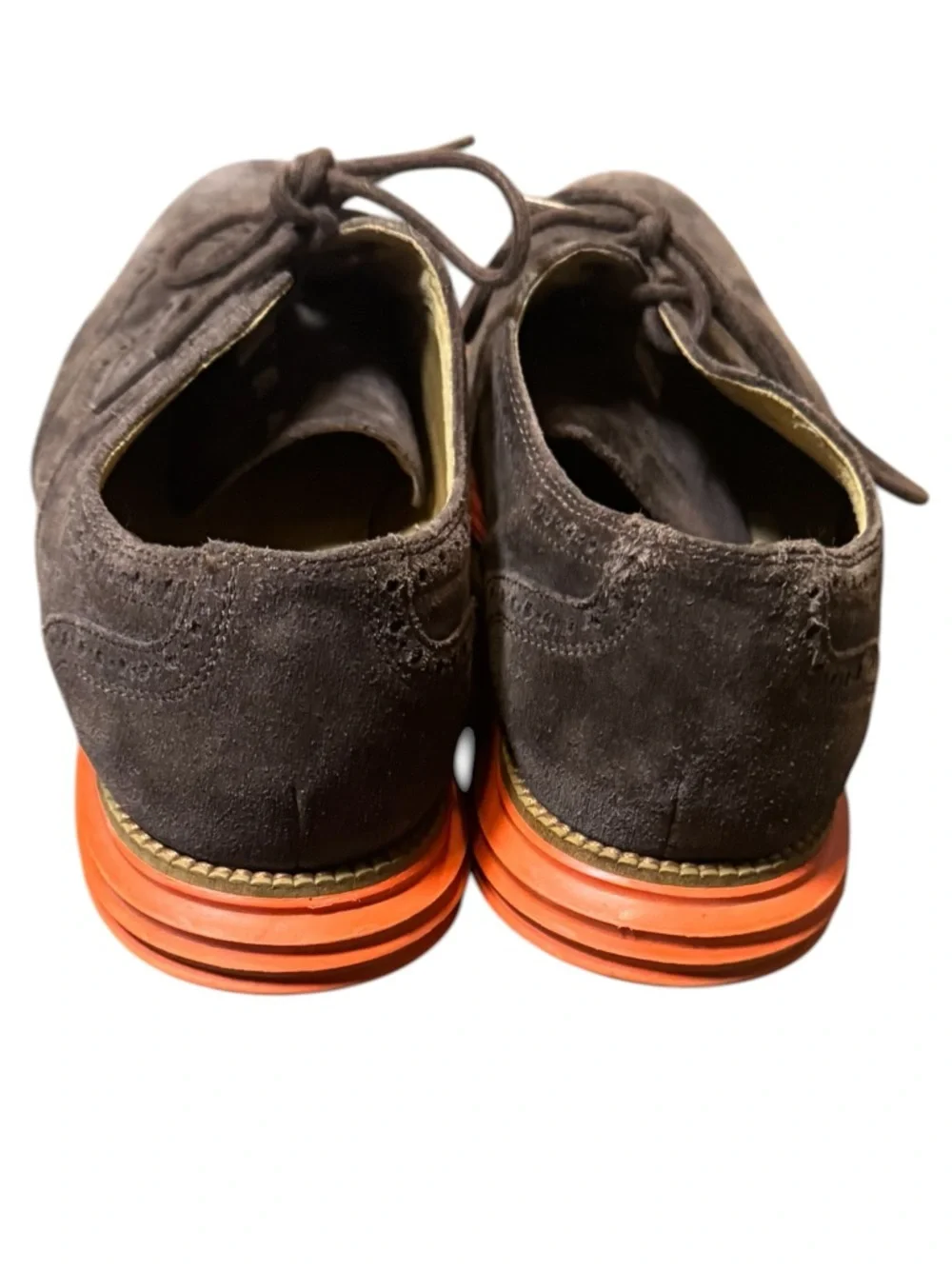 Cole Haan Brown Suede Wingtip Oxfords with Orange Contrast Sole Mens Size 11M